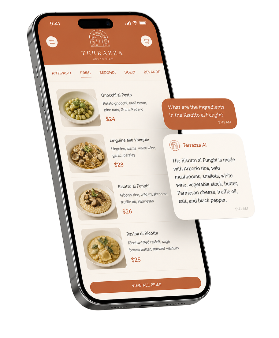 AI Ober menu en chat op een smartphone